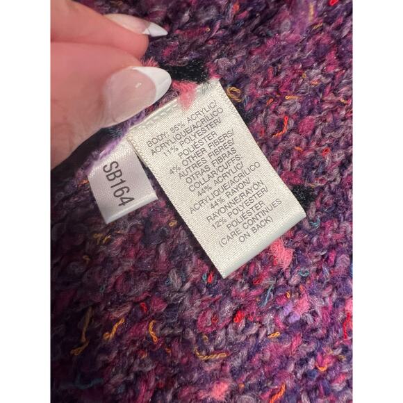 Susan Bristol Afghan Cardigan Jacket Purple Pink Plaid w Fringe Collar Small JL - Picture 6 of 8